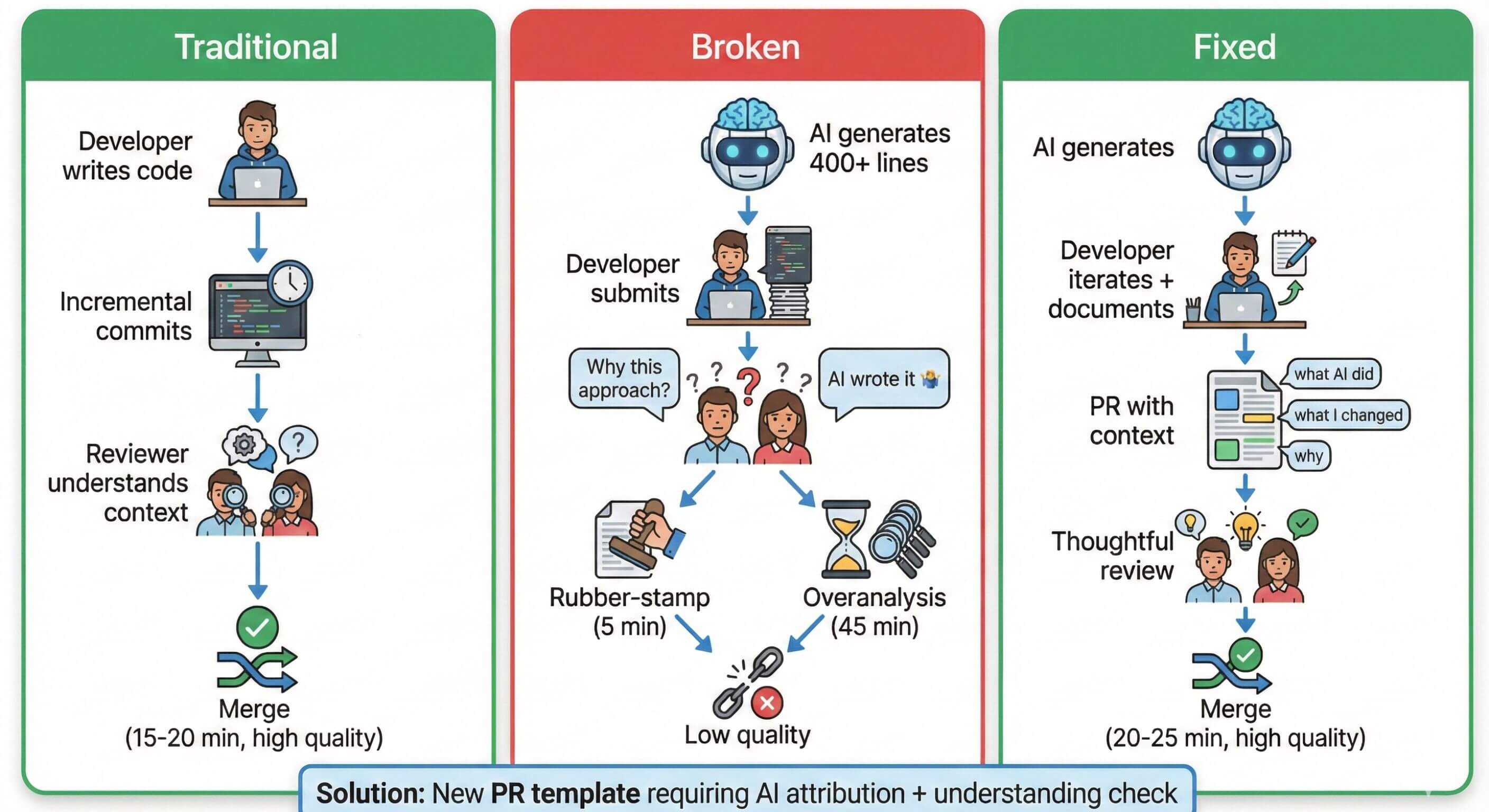 Broken AI-assisted review (large AI-generated PRs with no context), and fixed approach (AI-assisted with documentation and understanding requirements)