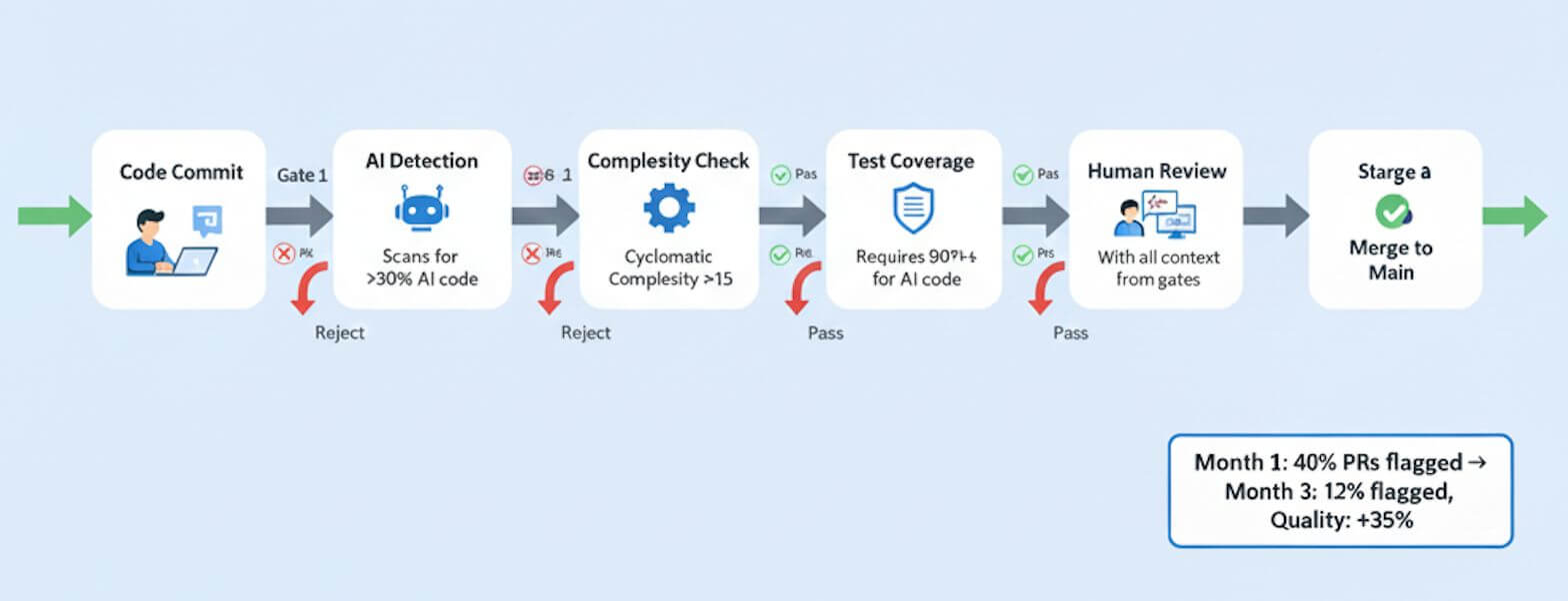 CI/CD pipeline diagram showing four AI quality gates: AI detection (flags PRs with >30% AI code), complexity analysis (rejects overly complex functions), test coverage (requires >80% coverage for AI code), and documentation check (requires explanation of AI-generated code).